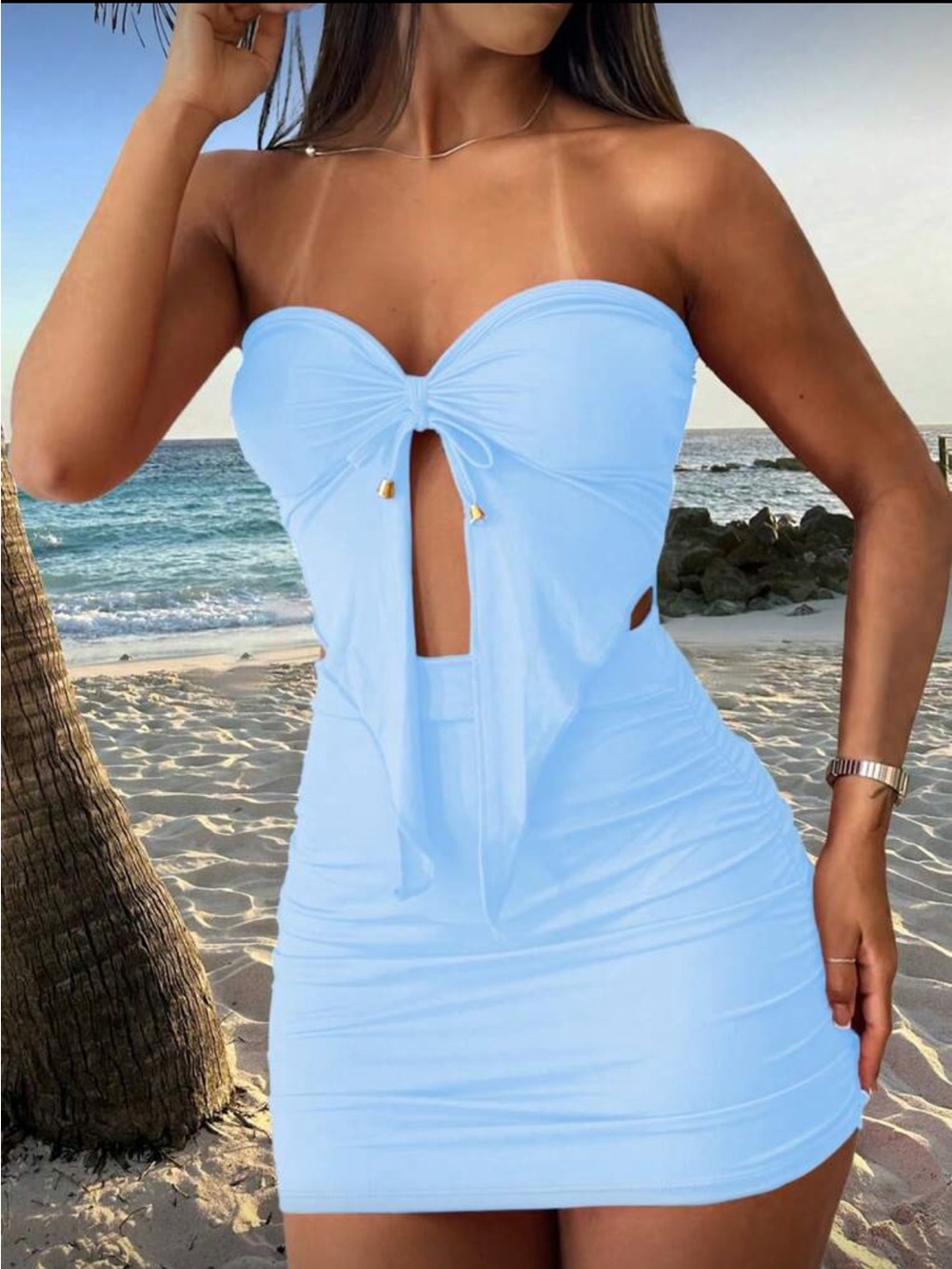 Strapless Light Blue Cutout Bodycon Set